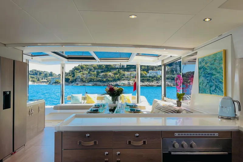 Signature Bali 5.4. (6+ 2 Cabins) Yacht Photos Pics Luxurious interior of 2022 Bali 5.4 yacht with scenic ocean view.