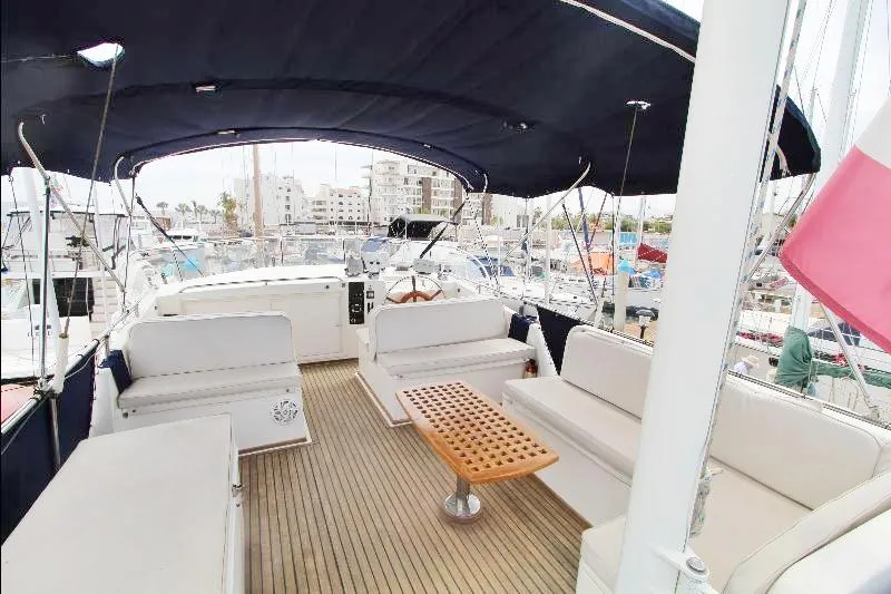  Yacht Photos Pics 1989 Grand Banks Classic yacht deck with seating and canopy in marina.