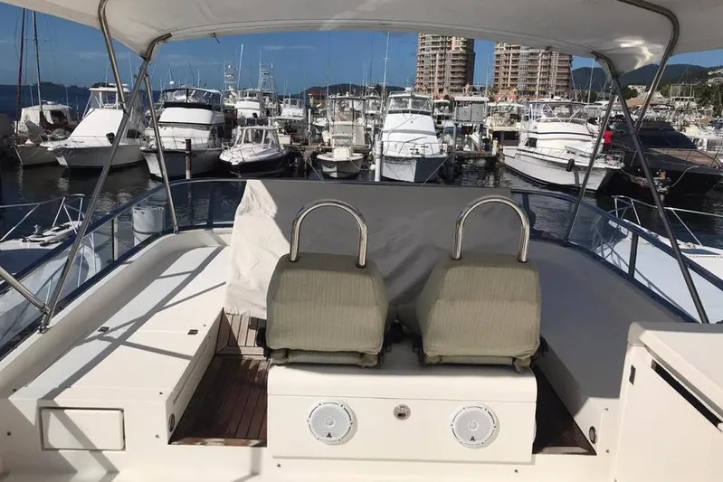 Kamats Yacht Photos Pics Flybridge of 2010 Fairline Squadron 55 yacht in marina, featuring dual seats and canopy.