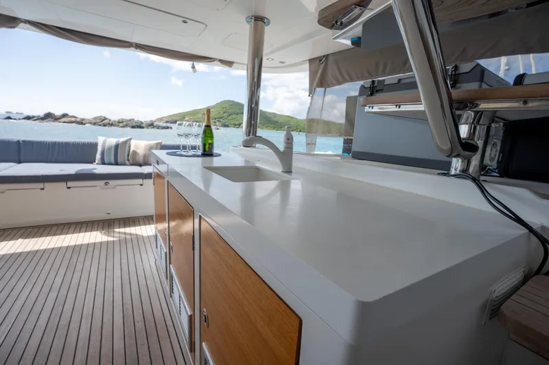 Yacht Photos Pics Luxurious Lagoon 620 yacht interior with modern kitchen and ocean view, 2014 model.