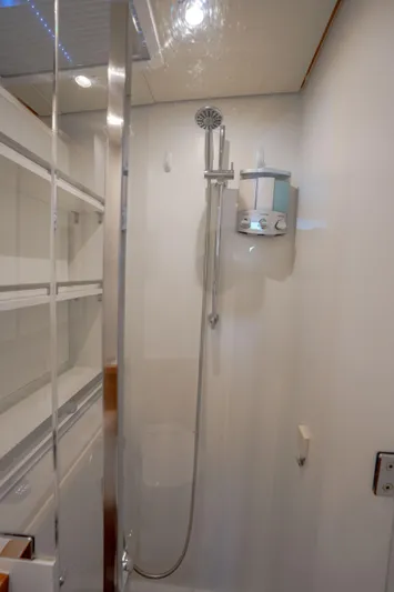  Yacht Photos Pics Modern shower area in a 2014 Lagoon 620 yacht bathroom.