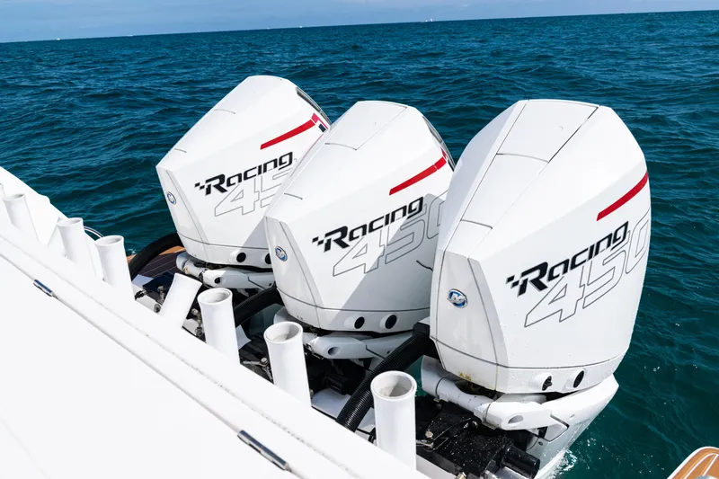  Yacht Photos Pics Triple Mercury Racing 450 engines on 2018 Intrepid 438 Evolution boat in open sea.