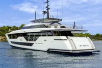 Luxury yacht Custom Line CL106, 2023 model, cruising on serene waters.