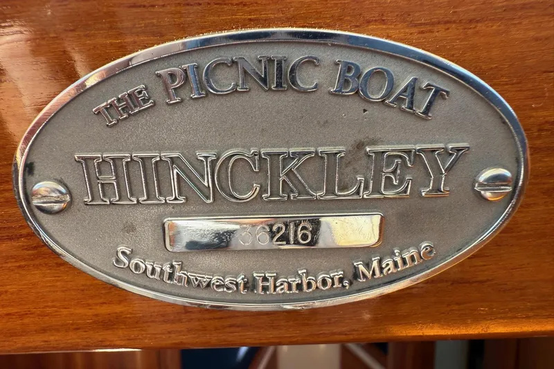 Timothy E Yacht Photos Pics Plaque of 2001 Hinckley Classic Picnic Boat, Southwest Harbor, Maine.