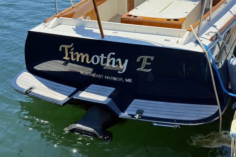 Timothy E Yacht Photos Pics Hinckley 2001 Classic Picnic Boat docked, named "Timothy E," at Northeast Harbor, ME.