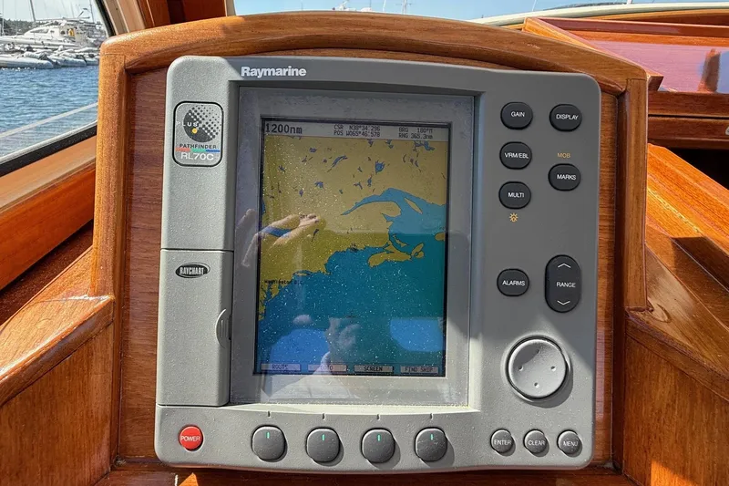Timothy E Yacht Photos Pics Raymarine navigation system on 2001 Hinckley Classic Picnic Boat dashboard.