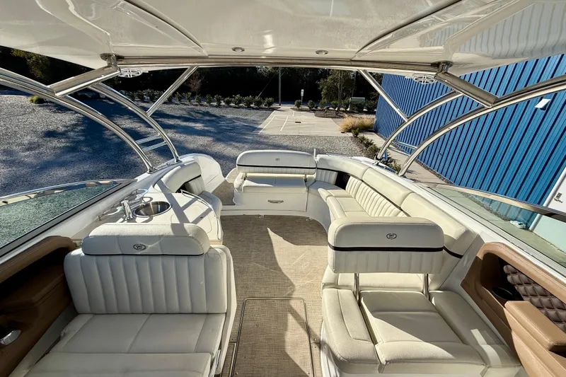  Yacht Photos Pics Luxurious interior of 2018 Cobalt R35 boat with white seating and sleek design.