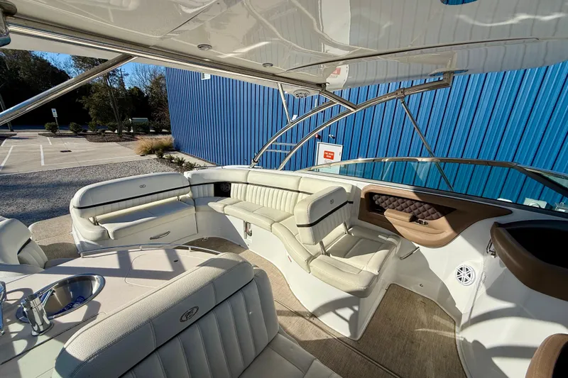  Yacht Photos Pics Luxurious interior of a 2018 Cobalt R35 boat with plush seating and modern design.