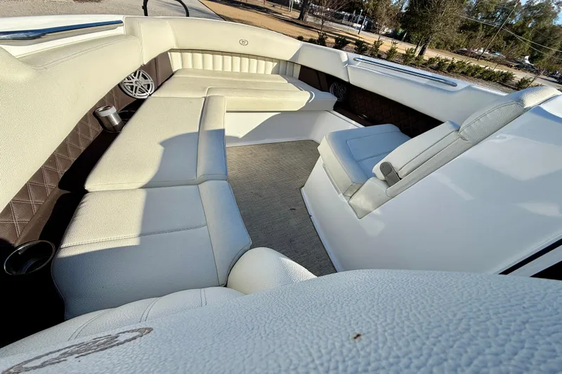  Yacht Photos Pics Luxurious interior of a 2018 Cobalt R35 boat with plush seating and elegant design.