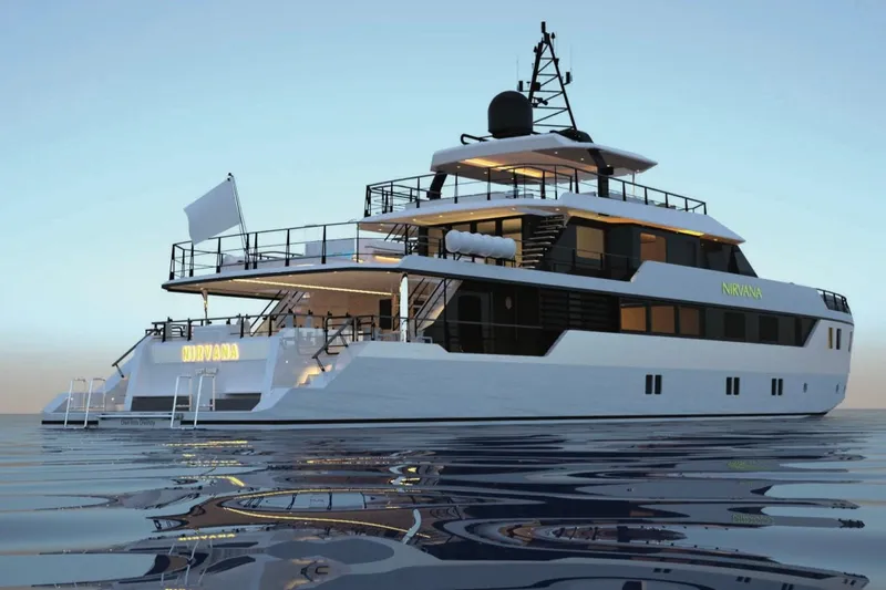 Nirvana Yacht Photos Pics Luxurious custom yacht "Nirvana" on calm waters, 2027 model, elegant design.