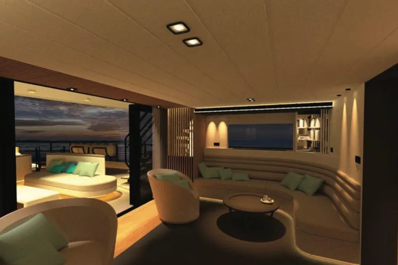 Nirvana Yacht Photos Pics Luxurious yacht interior with modern seating, ambient lighting, and ocean view at sunset, 2027 design.