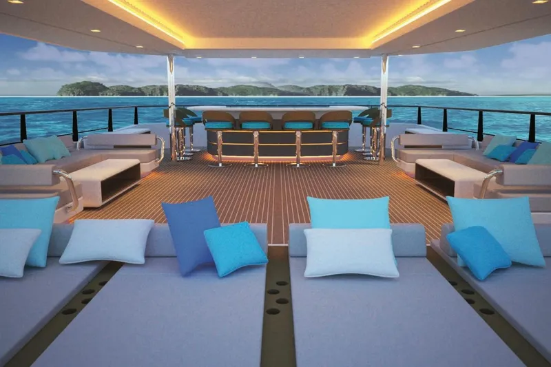 Nirvana Yacht Photos Pics Luxurious yacht deck with modern seating, ocean view, and vibrant blue cushions, 2027 custom model.