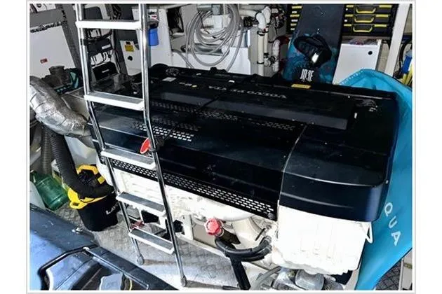  Yacht Photos Pics Engine room of a 2016 Prestige 680 Fly yacht, featuring a Volvo Penta engine.