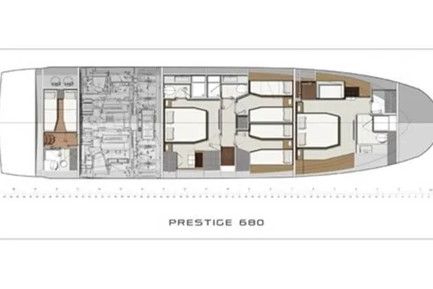  Yacht Photos Pics Floor plan of 2016 Prestige 680 Fly yacht, showcasing cabin and engine layout.