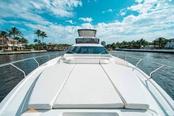  Yacht Photos Pics 2022 Ferretti Yachts 550 on a sunny day, cruising through a scenic waterway.