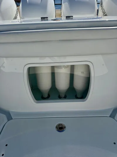  Yacht Photos Pics 2020 Yellowfin 42 Offshore boat with visible engine components.