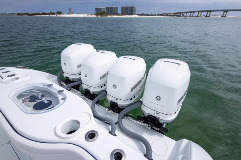  Yacht Photos Pics 2020 Yellowfin 42 Offshore boat with four Mercury outboard engines on the water.