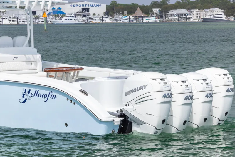  Yacht Photos Pics 2020 Yellowfin 42 Offshore boat with four Mercury 400 engines on the water.