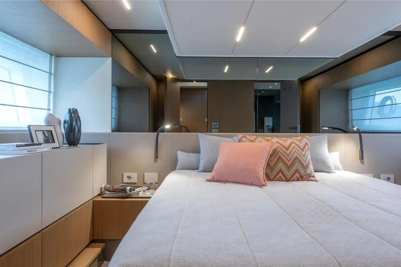  Yacht Photos Pics Luxurious bedroom interior of 2025 Bluegame BG54 yacht with modern decor and ambient lighting.