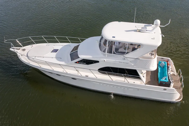  Yacht Photos Pics 2007 Ocean Alexander 52 Pilothouse yacht on calm water, aerial view.