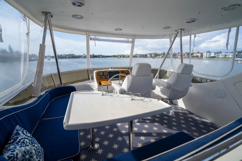  Yacht Photos Pics Pilothouse interior of 2007 Ocean Alexander 52, featuring seating and helm with waterfront view.
