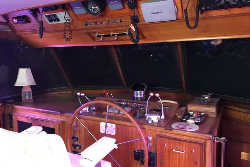 Concrete Idea Yacht Photos Pics 1977 Hatteras 48 Long Range Cruiser helm with wooden wheel and navigation equipment.