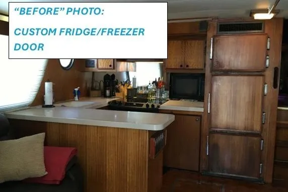 Concrete Idea Yacht Photos Pics Interior of 1977 Hatteras 48 Long Range Cruiser with custom fridge/freezer door.