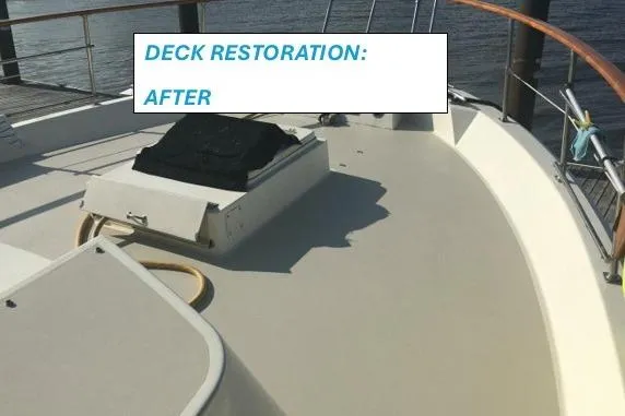 Concrete Idea Yacht Photos Pics 1977 Hatteras 48 Long Range Cruiser deck after restoration, showcasing smooth, clean surface.