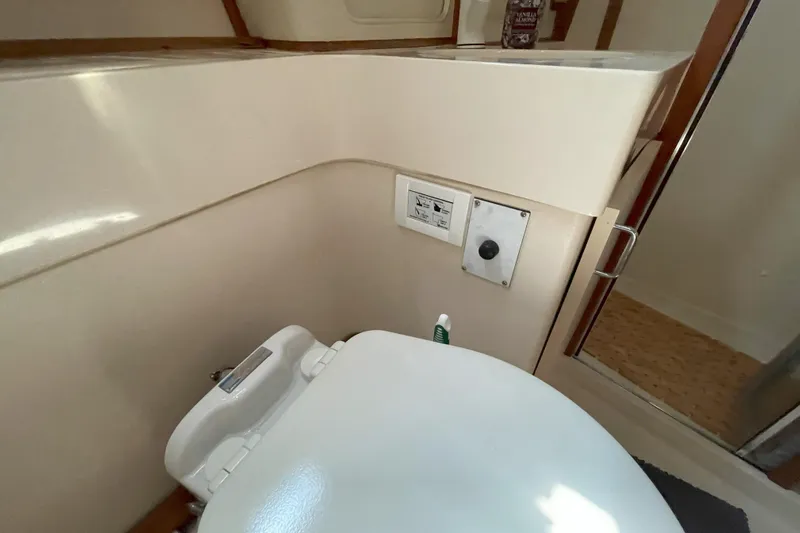  Yacht Photos Pics 2000 Mainship 390 Trawler bathroom with toilet and shower area.