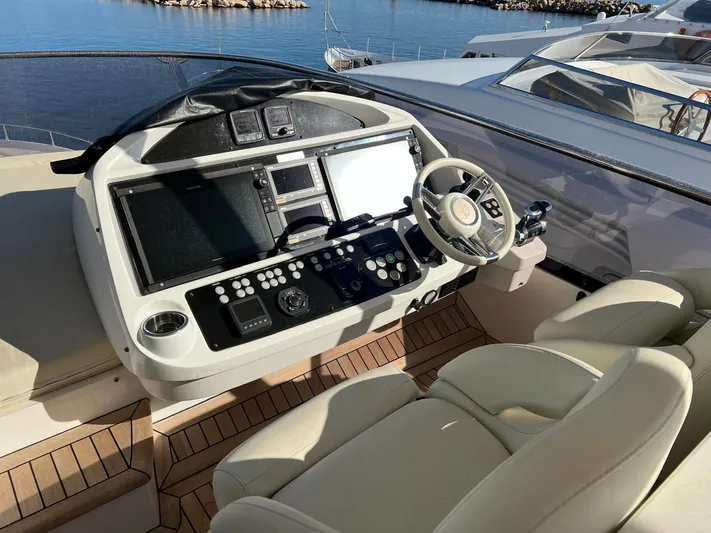  Yacht Photos Pics Cockpit of 2016 Sunseeker 75 Yacht with modern navigation controls and luxurious seating.