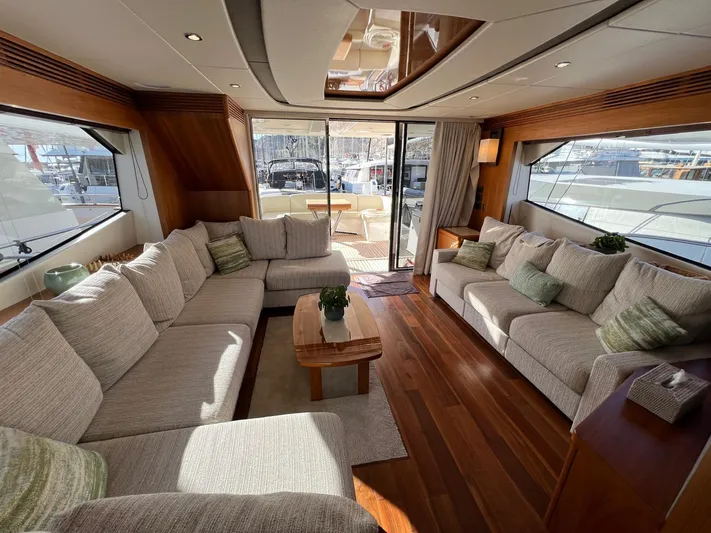  Yacht Photos Pics Luxurious interior of 2016 Sunseeker 75 Yacht with elegant seating and wooden flooring.