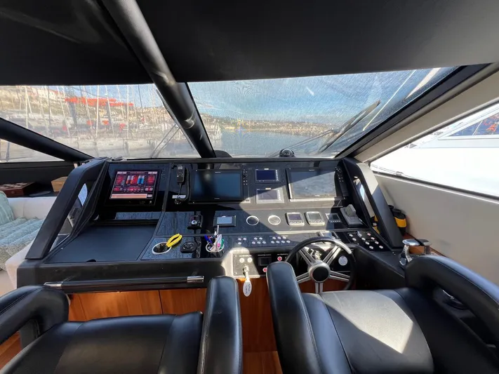  Yacht Photos Pics Cockpit of 2016 Sunseeker 75 Yacht with modern navigation equipment and leather seating.