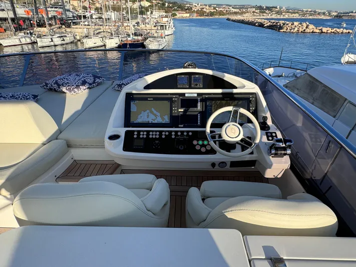  Yacht Photos Pics Helm of 2016 Sunseeker 75 Yacht with dual screens, docked at marina.