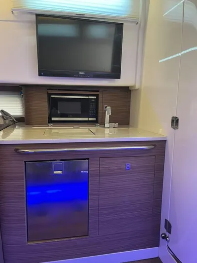 Bite Me Yacht Photos Pics 2017 Boston Whaler 420 Outrage interior with kitchenette, TV, and modern appliances.