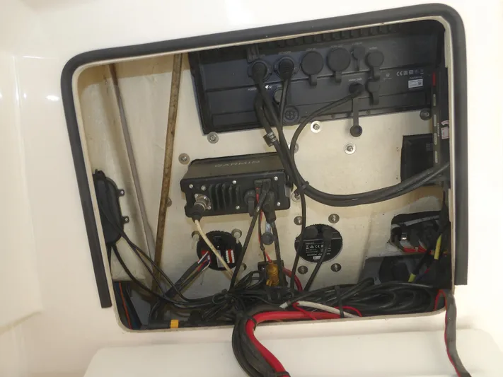  Yacht Photos Pics 2020 Cobia 320 Center Console electrical panel with wiring and equipment.