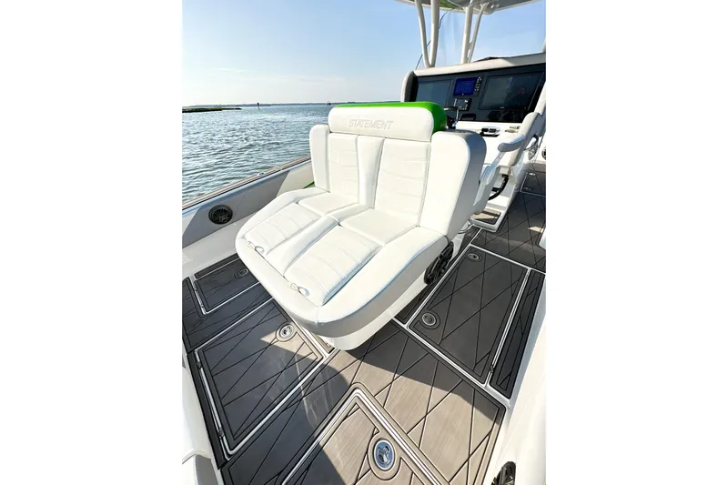  Yacht Photos Pics 2023 Statement 350 Open boat interior with luxurious seating and modern dashboard.