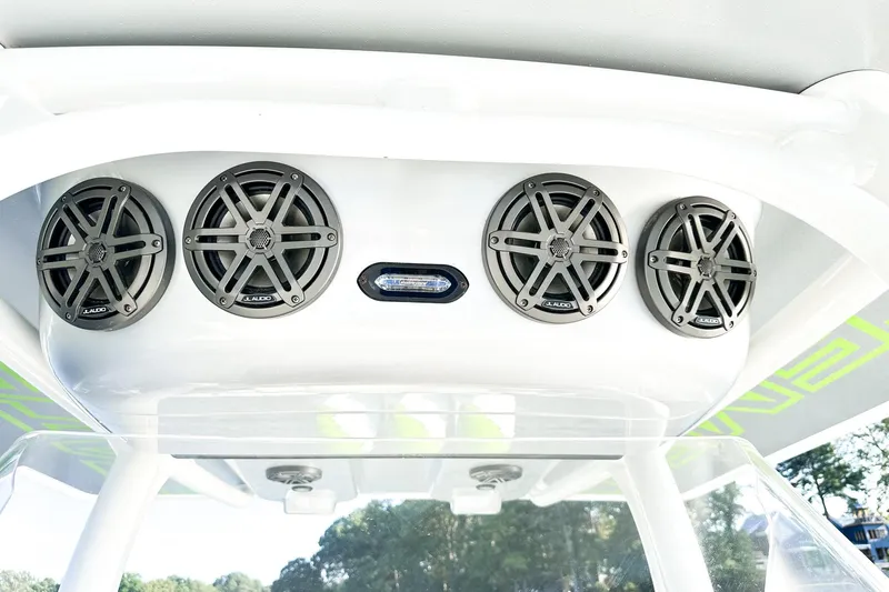  Yacht Photos Pics 2023 Statement 350 Open boat speakers and light on white panel.