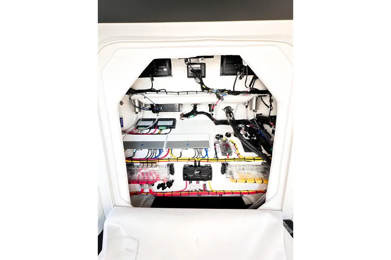  Yacht Photos Pics Interior view of 2023 Statement 350 Open boat's electrical system with organized wiring.