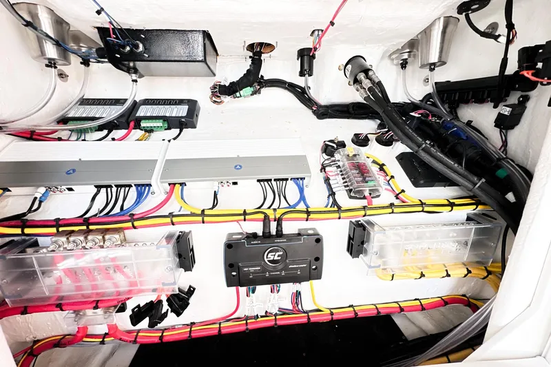 Yacht Photos Pics Electrical system of 2023 Statement 350 Open boat with organized wiring and components.