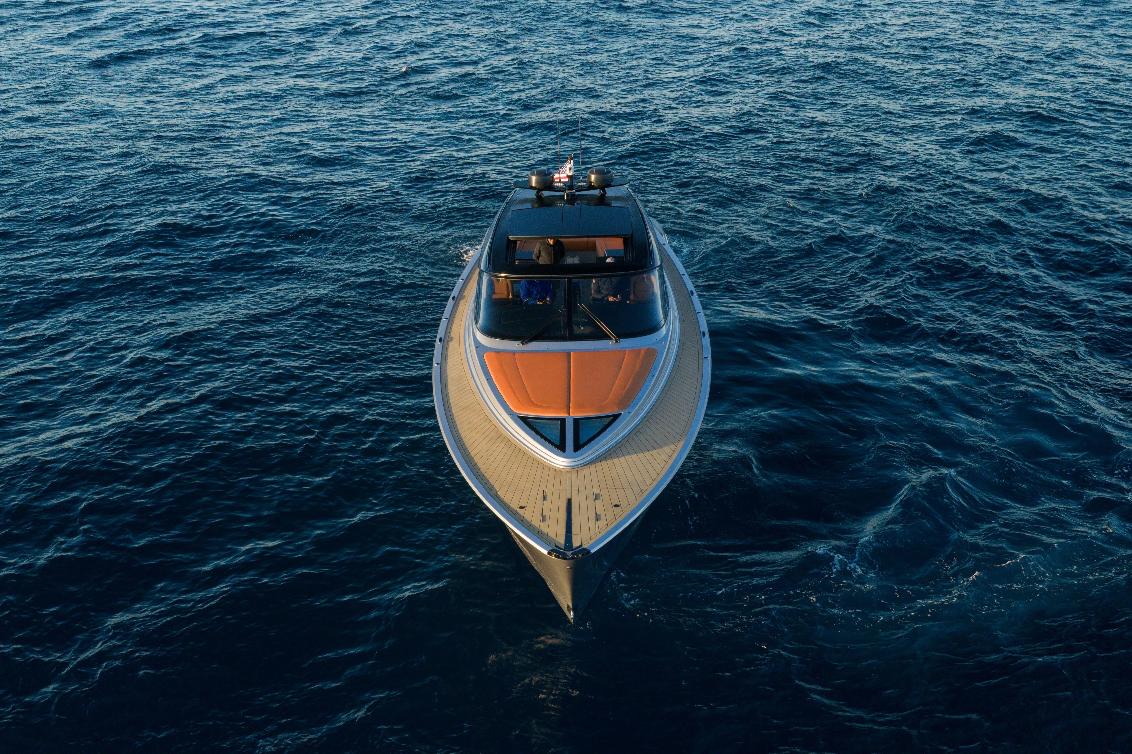 Why Her Yacht Photos Pics 2024 Wajer 55 HT yacht cruising on open sea, aerial view.
