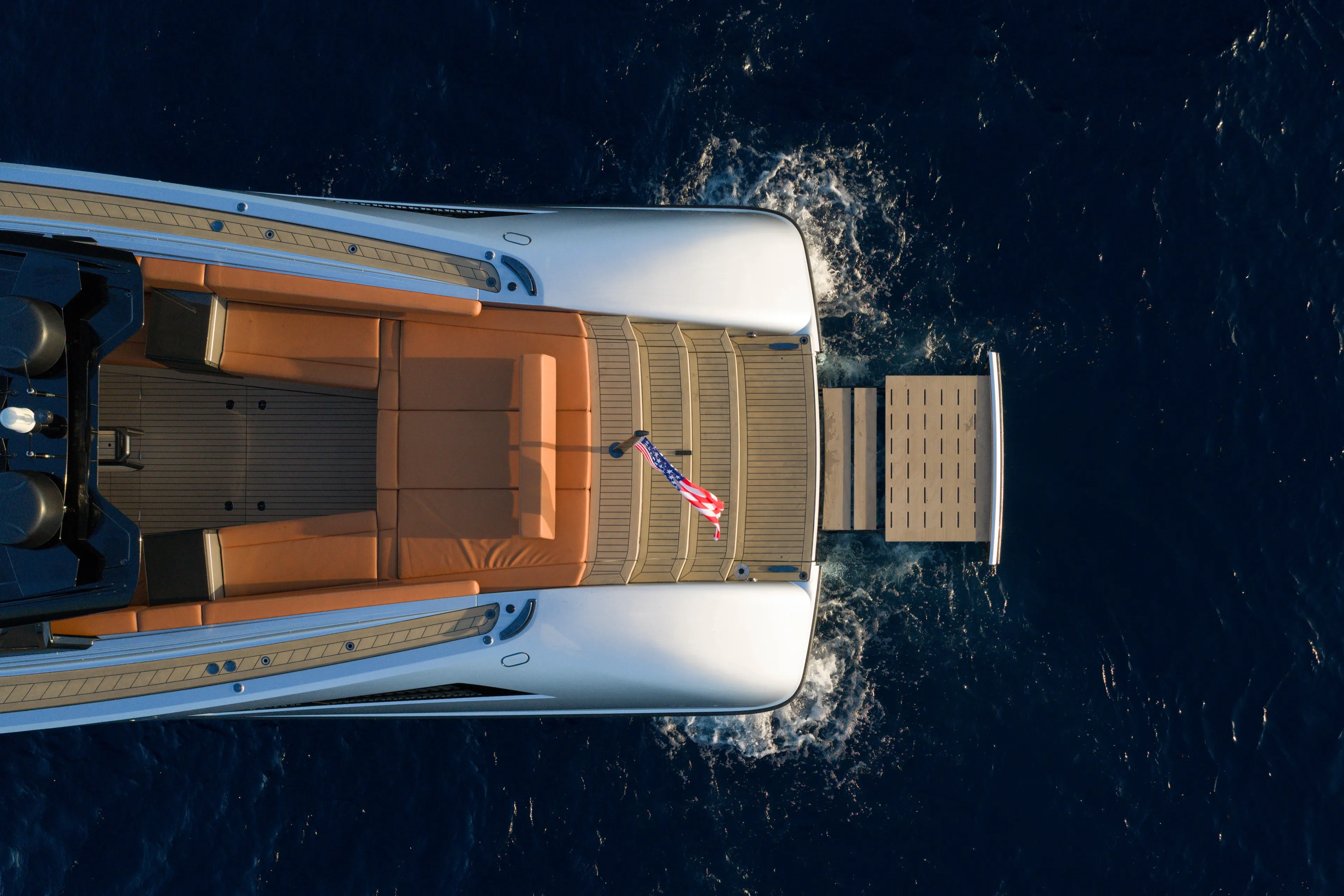 Why Her Yacht Photos Pics Aerial view of 2024 Wajer 55 HT yacht cruising on deep blue ocean.
