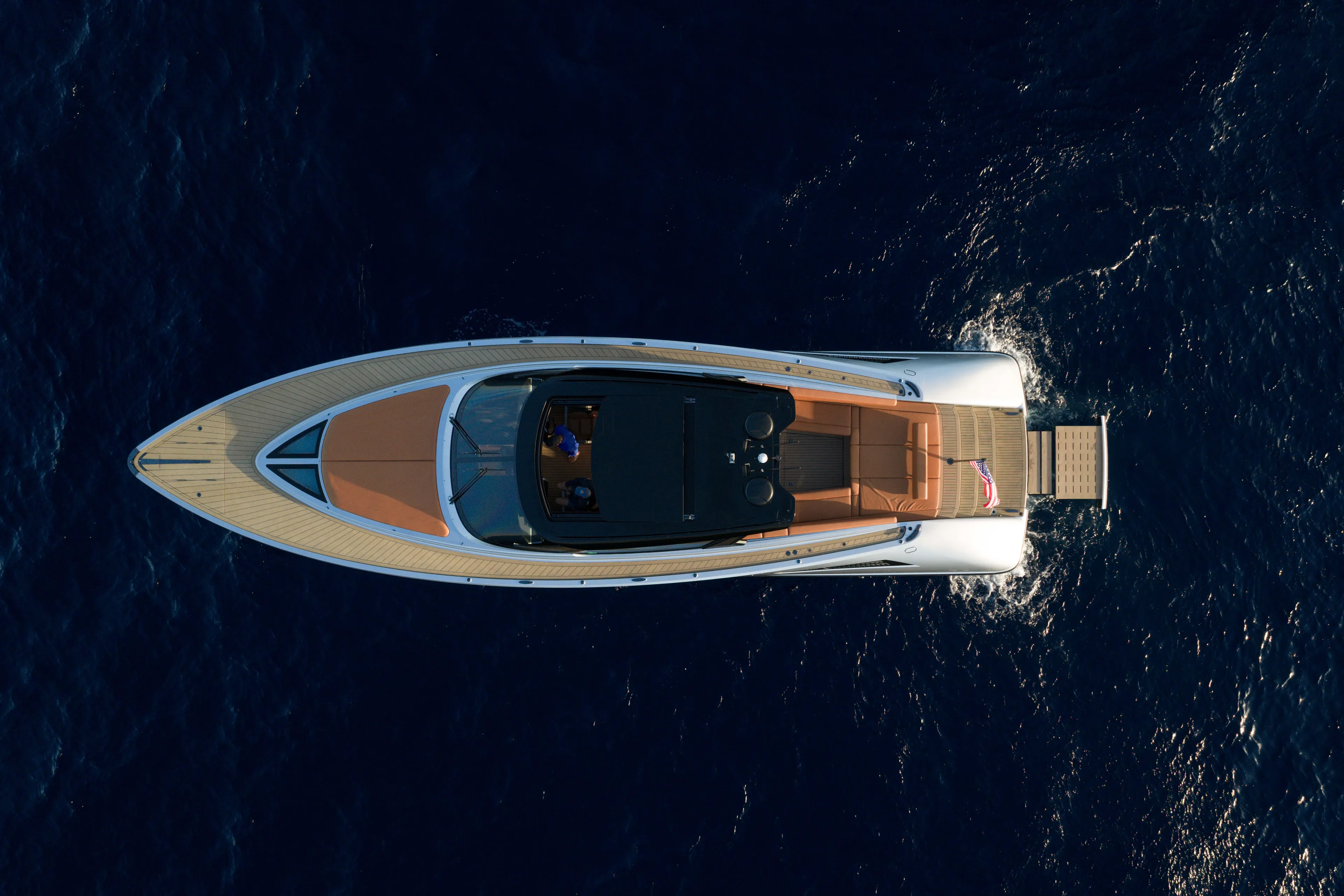 Why Her Yacht Photos Pics Aerial view of 2024 Wajer 55 HT yacht cruising on deep blue ocean.