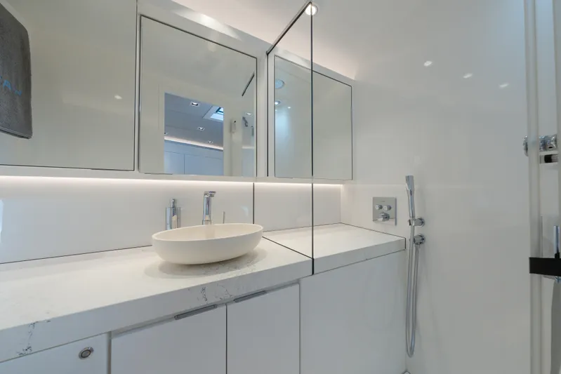 Why Her Yacht Photos Pics Luxurious bathroom in 2024 Wajer 55 HT yacht, featuring modern fixtures and elegant design.