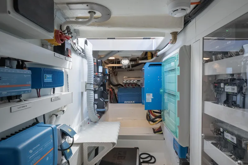 Why Her Yacht Photos Pics Engine room of 2024 Wajer 55 HT yacht, showcasing advanced electrical systems and equipment.