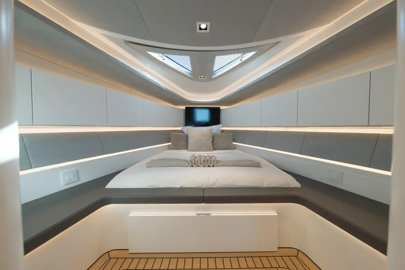 Why Her Yacht Photos Pics Luxurious interior cabin of 2024 Wajer 55 HT yacht with modern design and ambient lighting.
