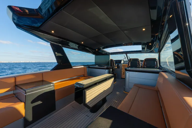 Why Her Yacht Photos Pics Luxurious interior of 2024 Wajer 55 HT yacht with sleek design and ocean view.