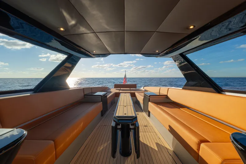 Why Her Yacht Photos Pics Luxurious 2024 Wajer 55 HT yacht interior with ocean view and elegant seating.