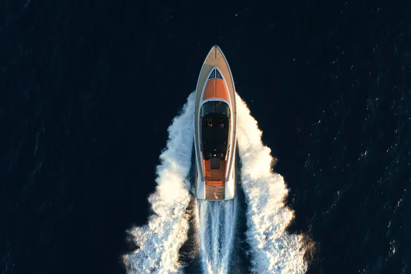 Why Her Yacht Photos Pics Aerial view of 2024 Wajer 55 HT yacht cruising on open water.