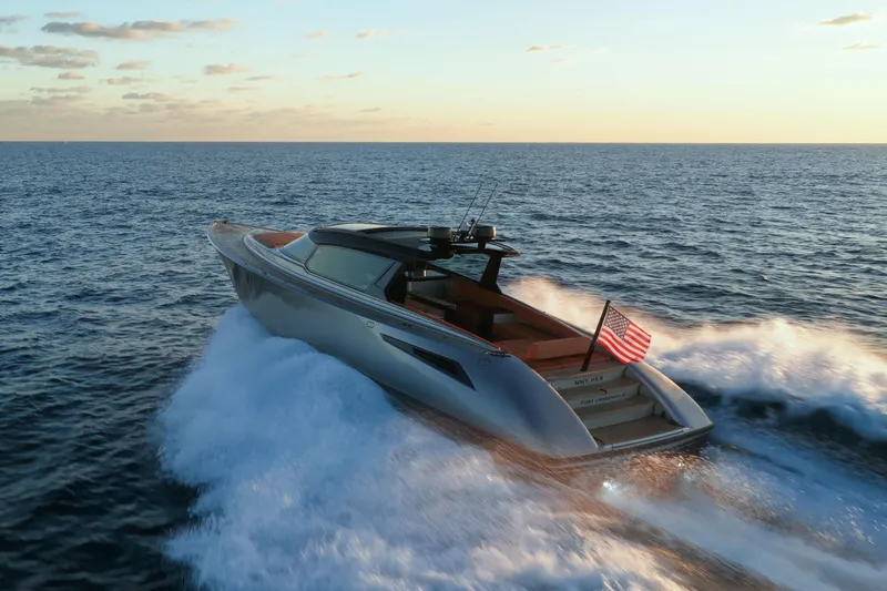 Why Her Yacht Photos Pics 2024 Wajer 55 HT yacht cruising on open sea at sunset.