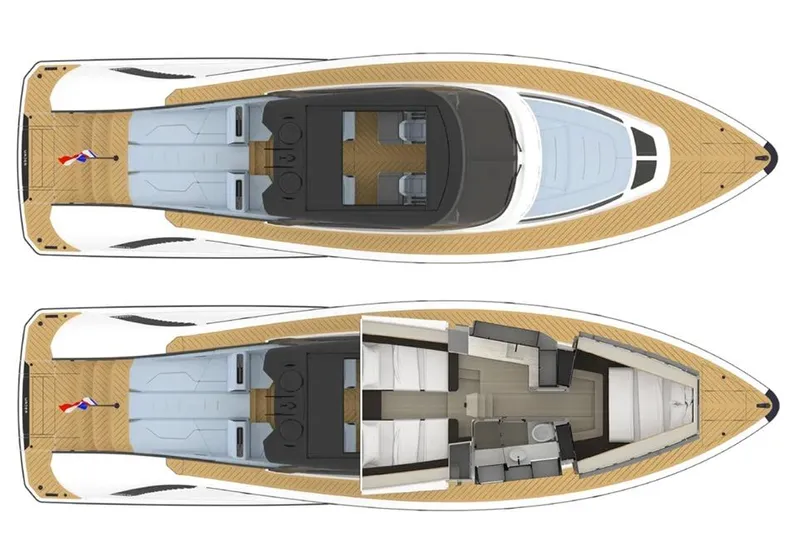 Why Her Yacht Photos Pics Top view of 2024 Wajer 55 HT yacht layout, showcasing deck and interior design.